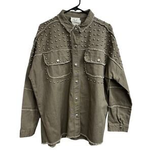 Studded Fantastic Fawn Oversized Denim Jacket Womens Shacket Olive Green Size L